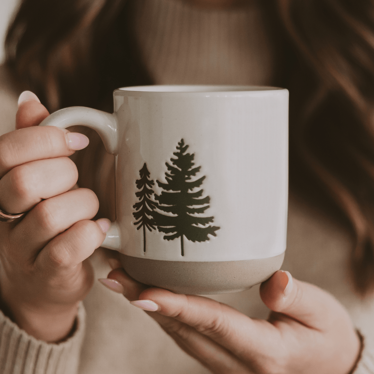 Sweet Water Decor Green Trees 14 oz Cream Stoneware Coffee Mug