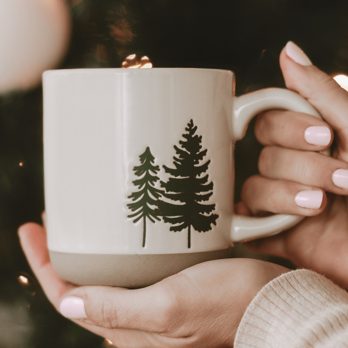 Sweet Water Decor Green Trees 14 oz Cream Stoneware Coffee Mug
