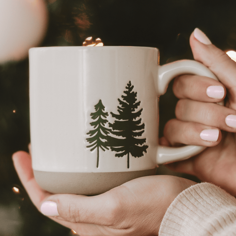 Sweet Water Decor Green Trees 14 oz Cream Stoneware Coffee Mug