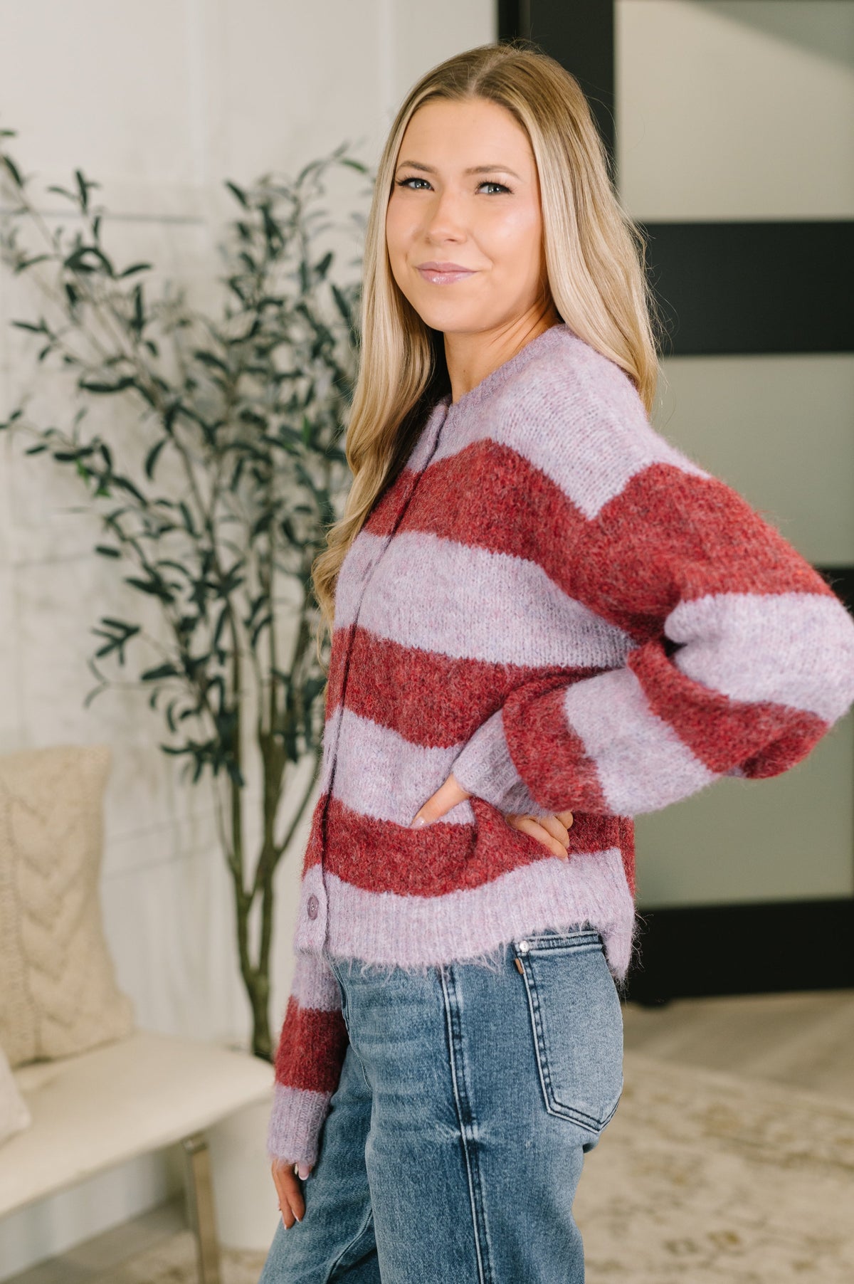 Lilac Stripes Button Down Cardigan Sweater