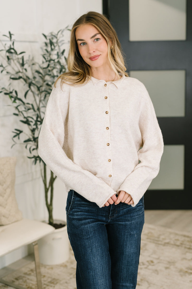 Zenana Collared Button Down Cardigan in Heathered Beige