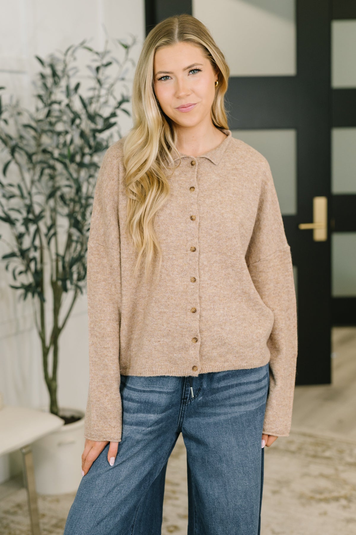 Collared Button Down Cardigan in Mocha