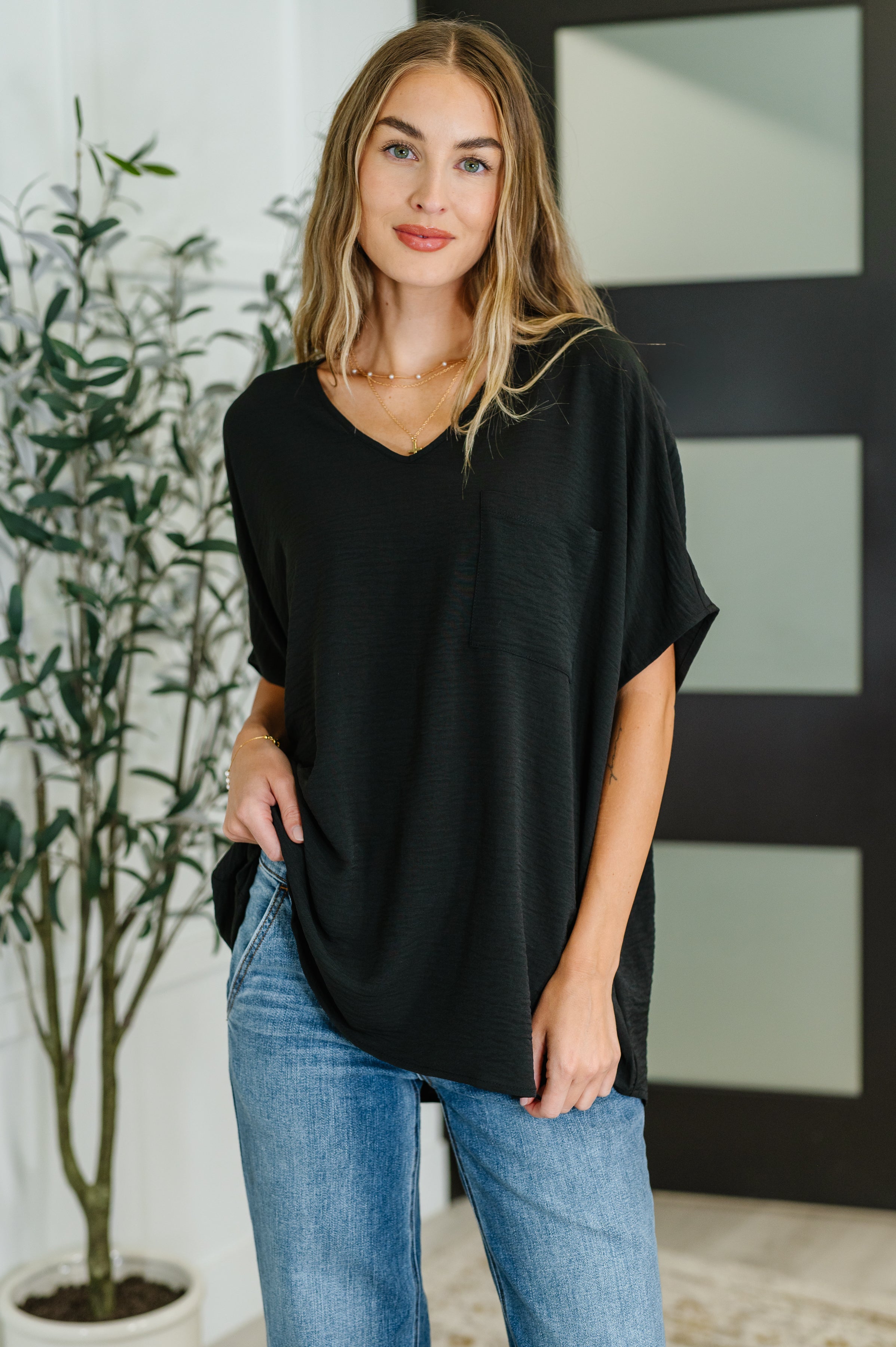 Zenana Coastal Ease V-Neck Top in Black