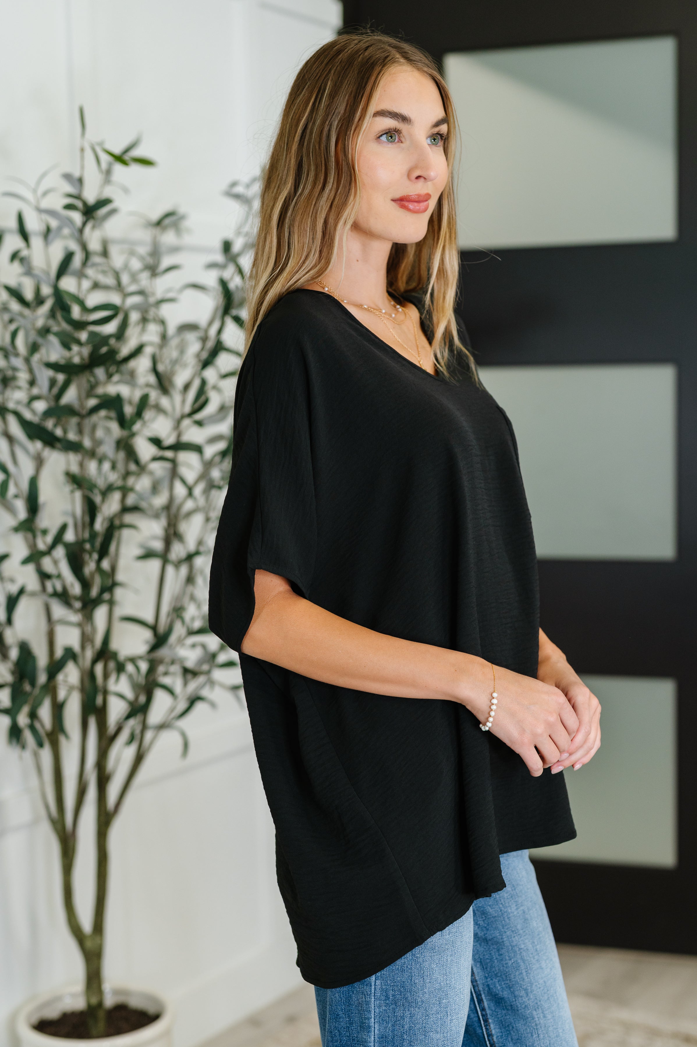 Zenana Coastal Ease V-Neck Top in Black