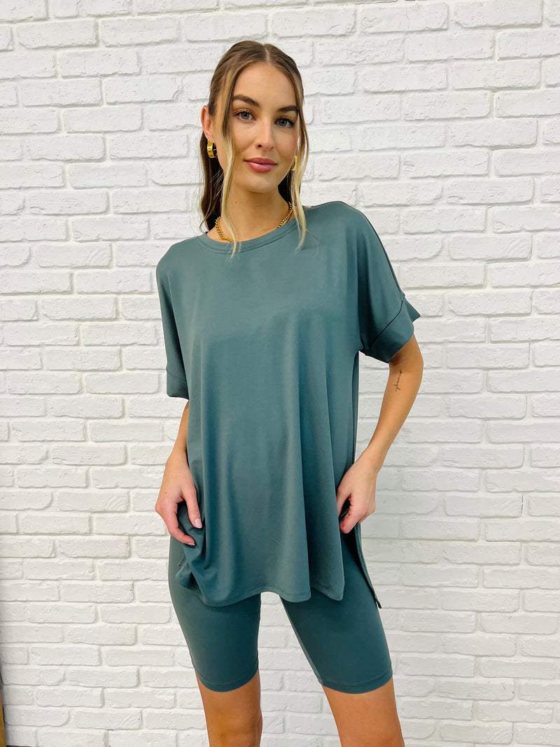 Zenana All Day Casual Top & Biker Shorts Set - Ash Jade