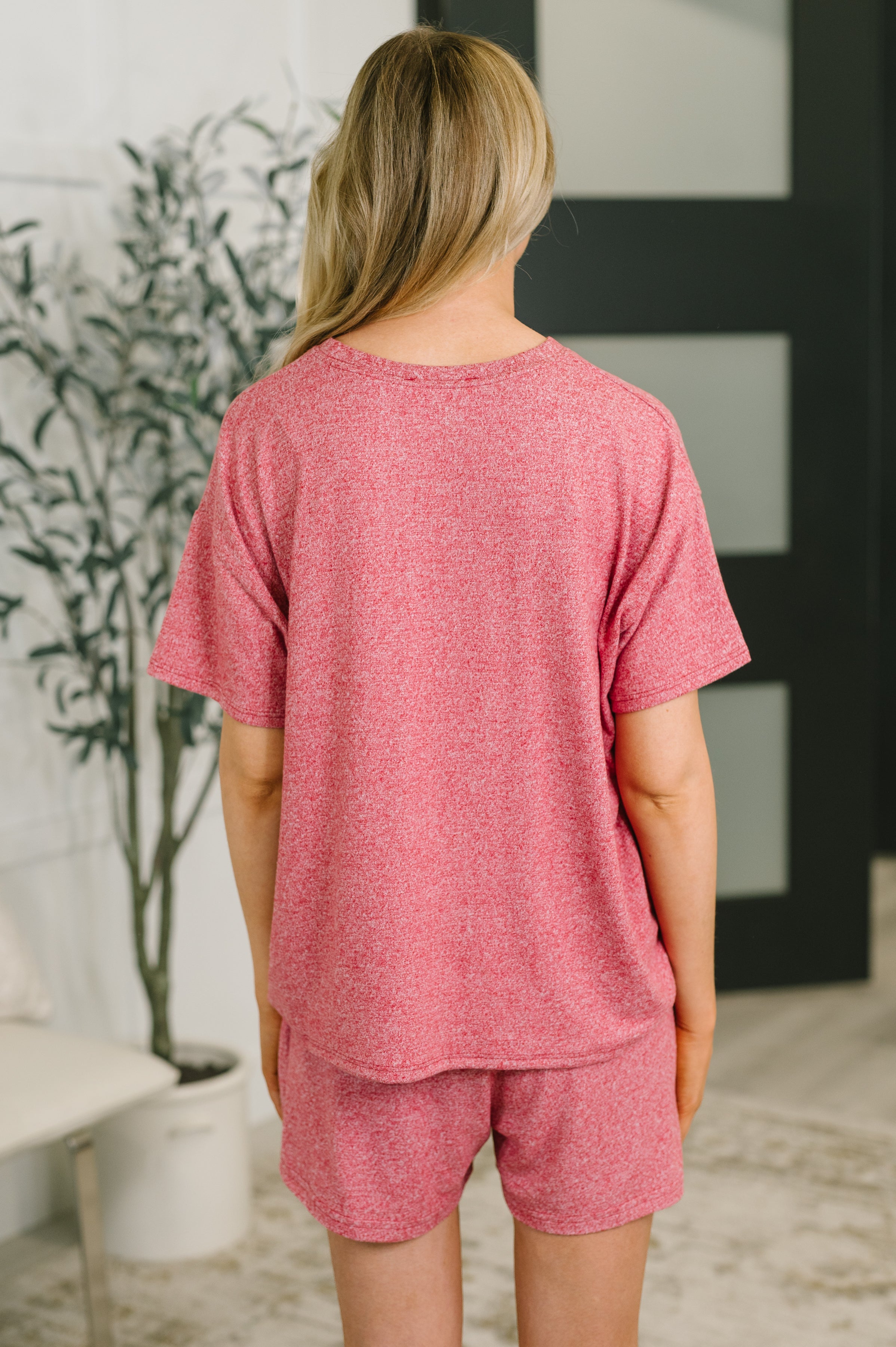 Zenana Melange Two-Piece Tee and Shorts Set in Dark Red