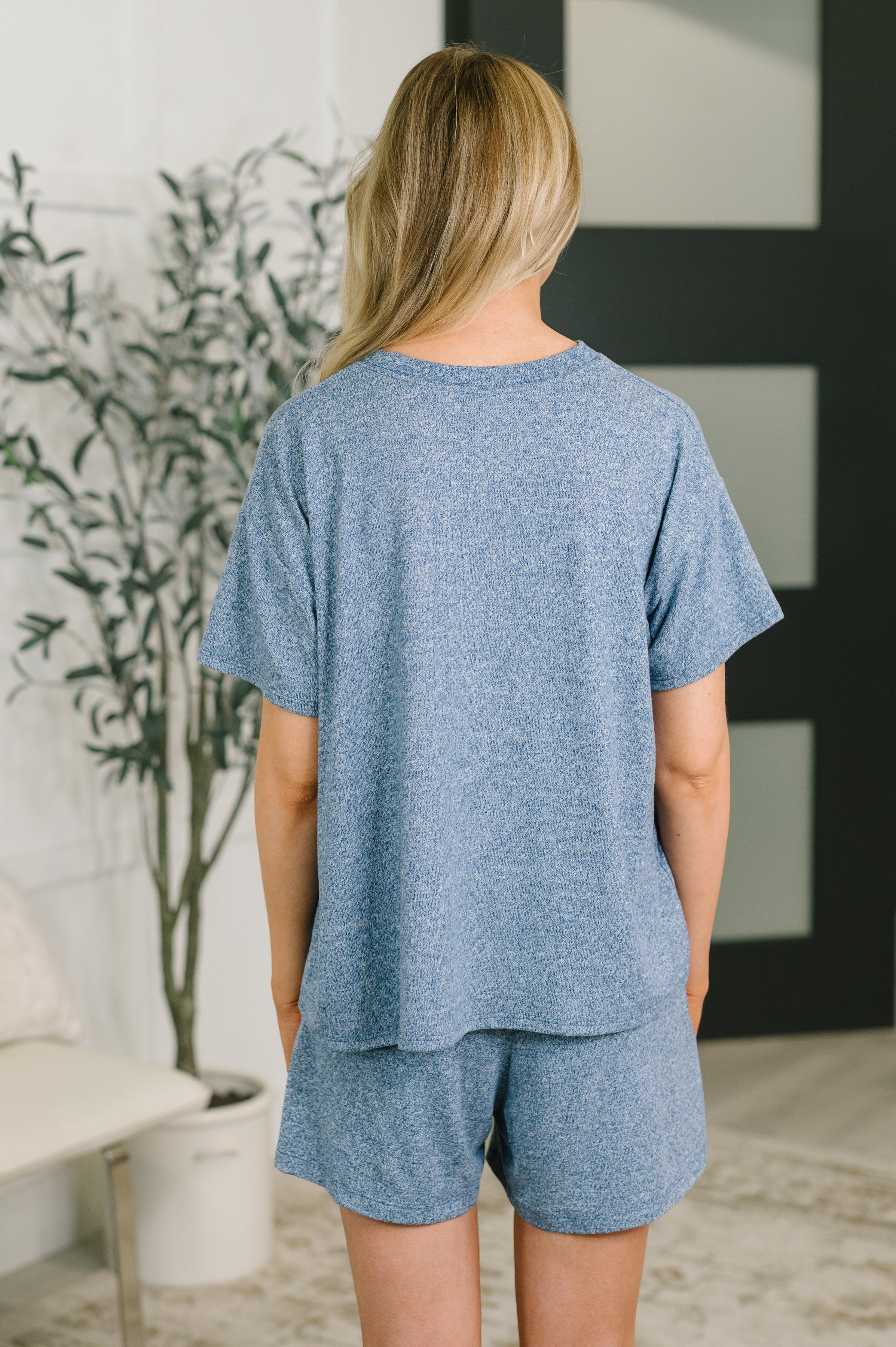 Zenana Melange Two-Piece Tee and Shorts Set in Light Navy