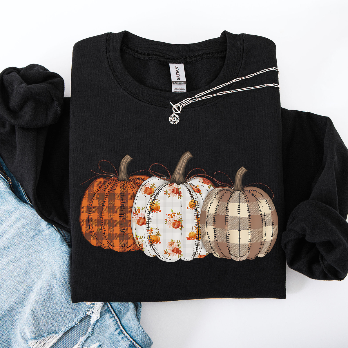 Plaid Patchwork Print Pumpkins Graphic Sweatshirt
