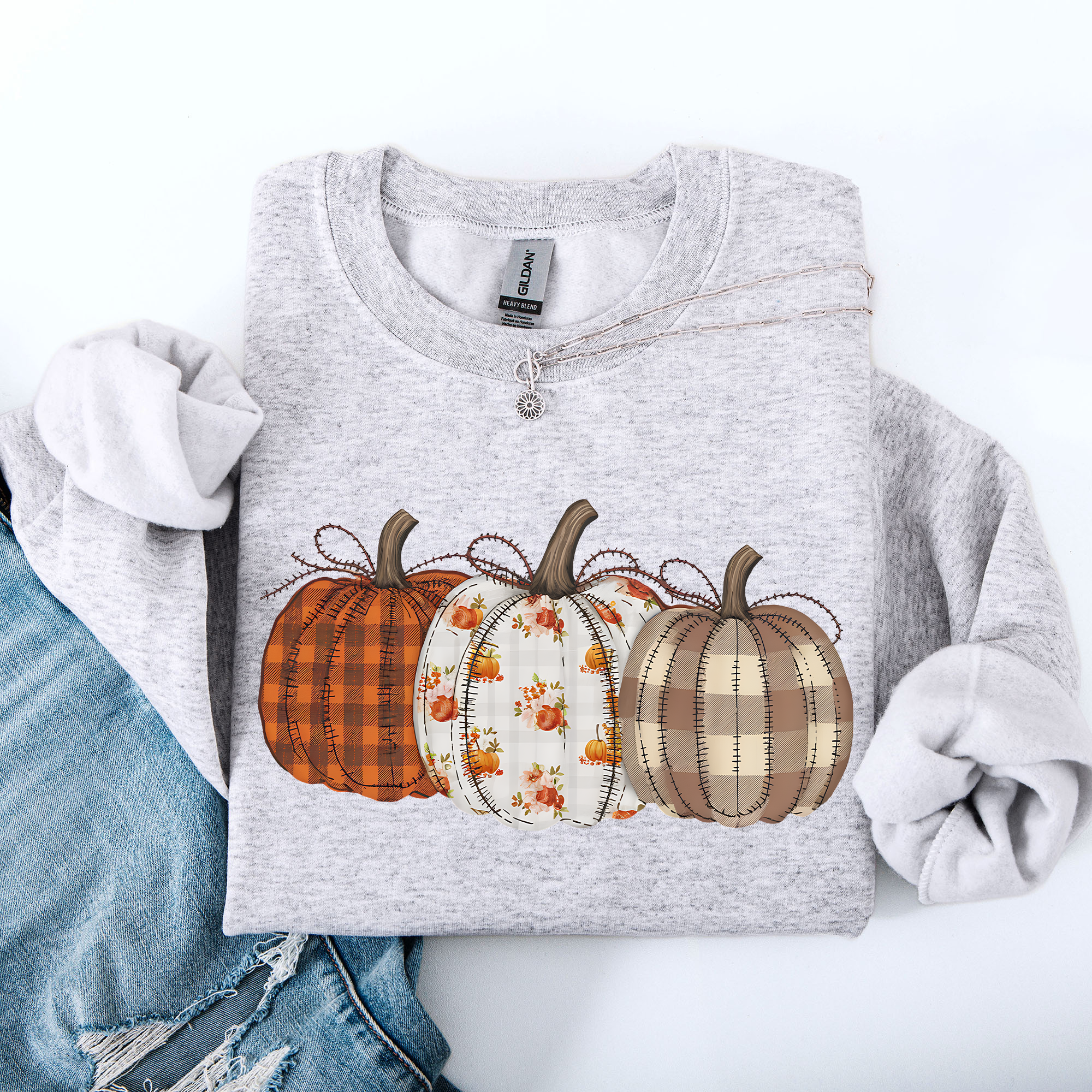Plaid Patchwork Print Pumpkins Graphic Sweatshirt