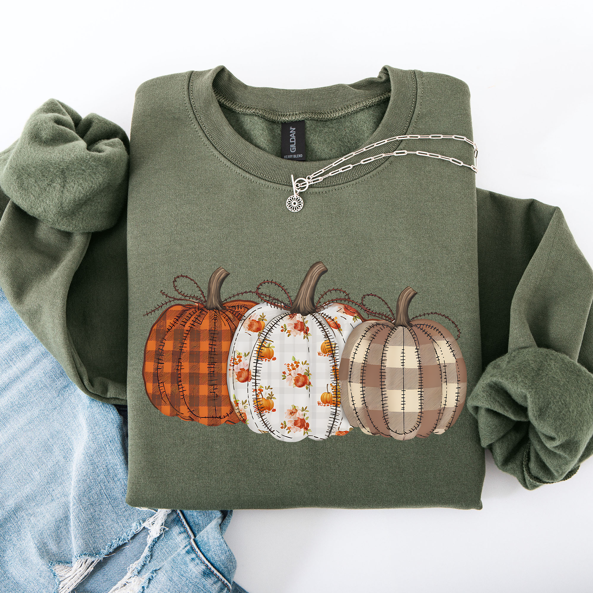 Plaid Patchwork Print Pumpkins Graphic Sweatshirt