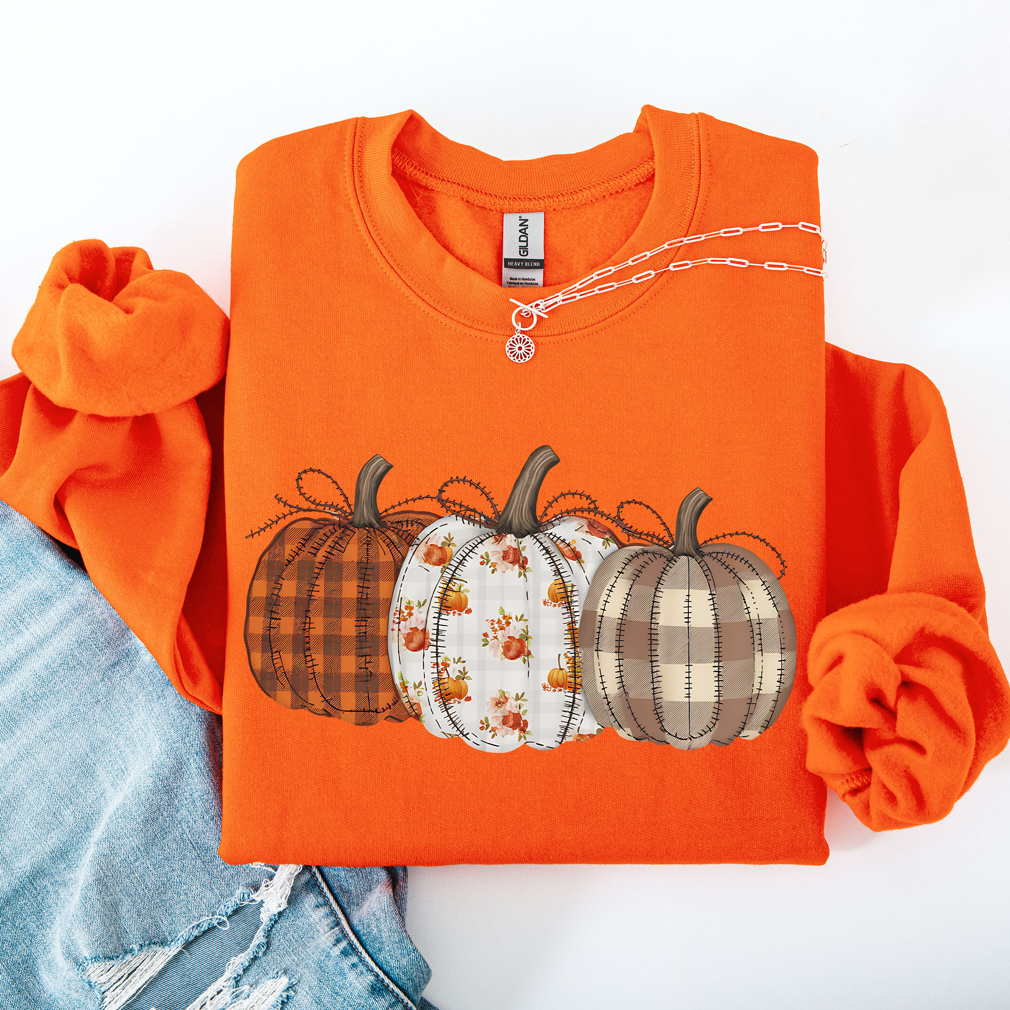 Plaid Patchwork Print Pumpkins Graphic Sweatshirt