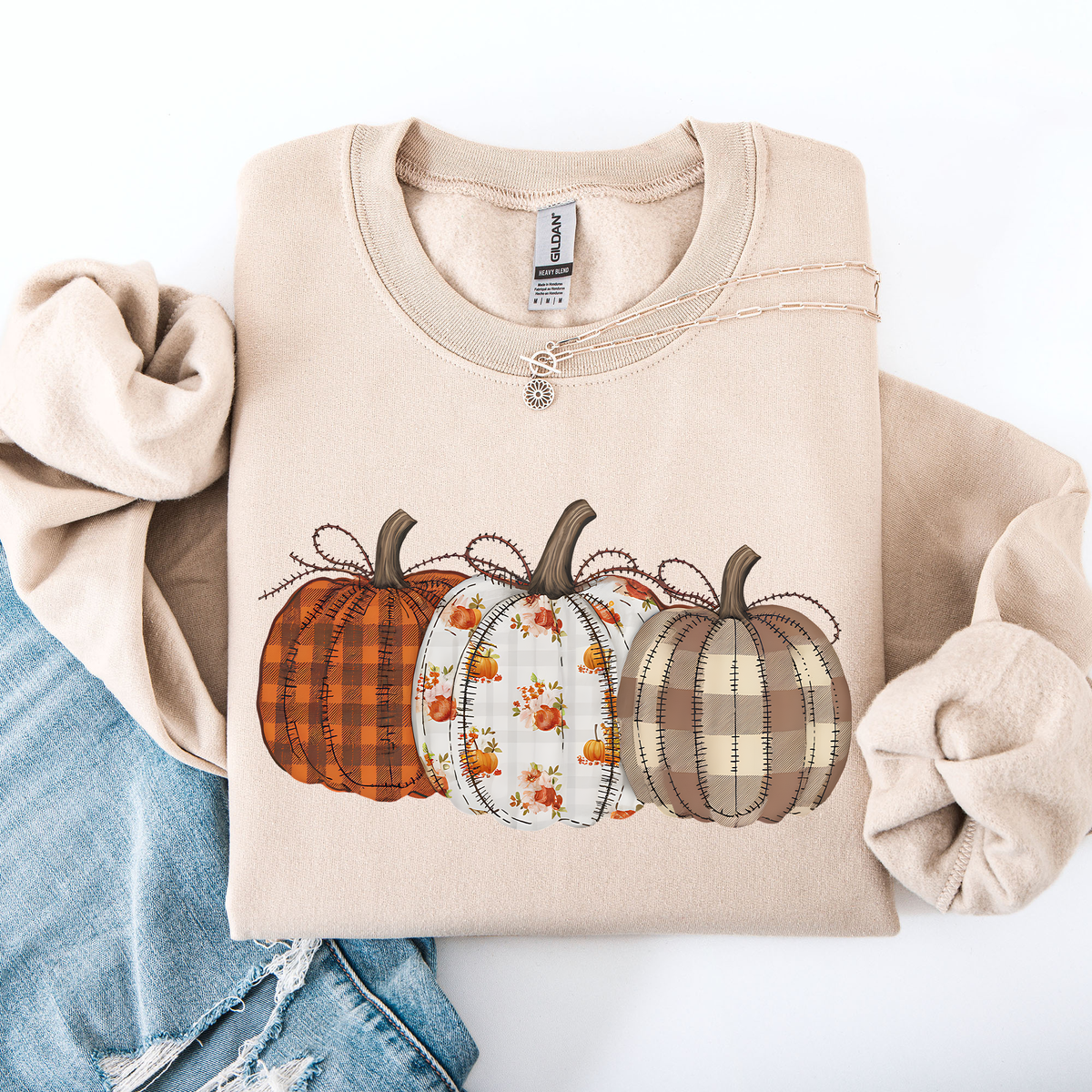 Plaid Patchwork Print Pumpkins Graphic Sweatshirt