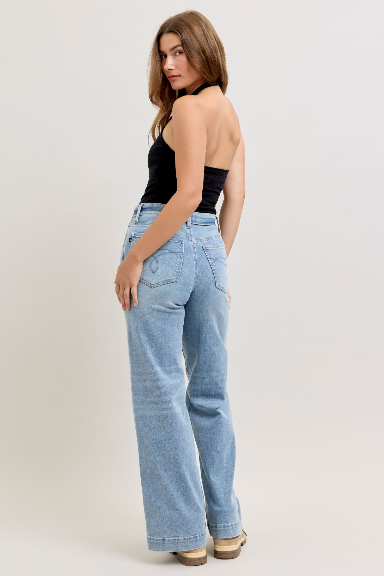 Judy Blue Mid Rise Fold-Over Waistband Retro Wide Leg Jeans