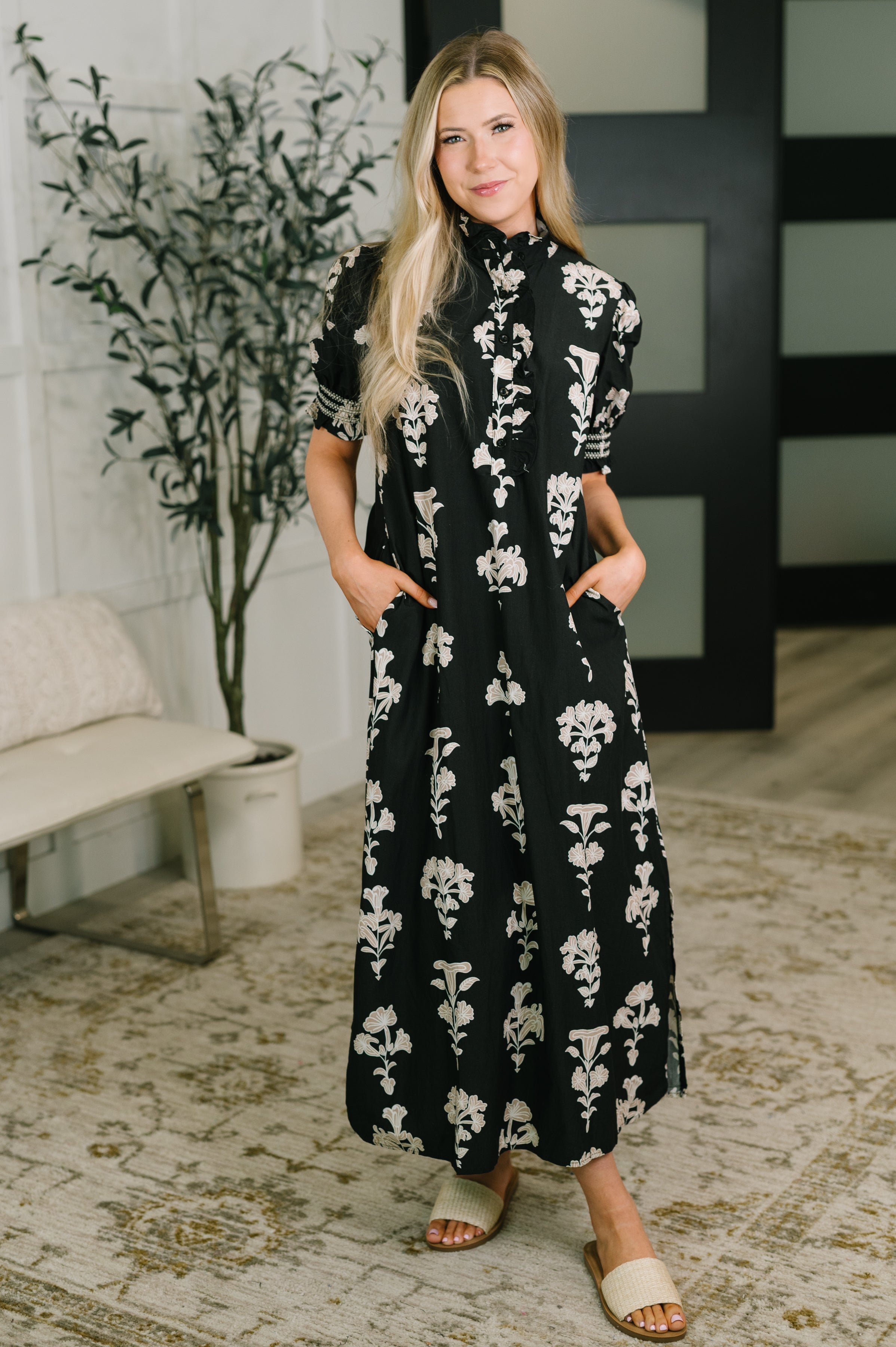 Dark & Moody Floral Smocked Sleeve Maxi Dress