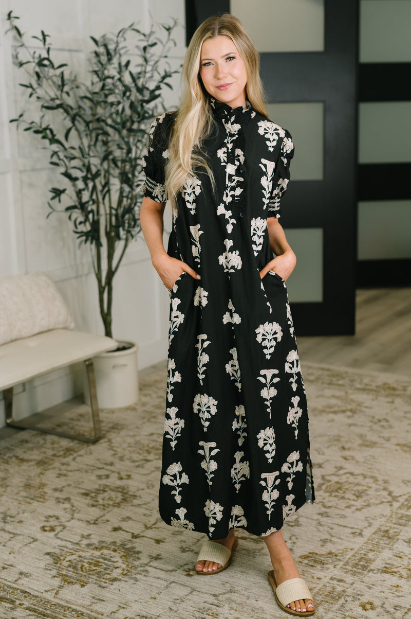 Dark & Moody Floral Smocked Sleeve Maxi Dress
