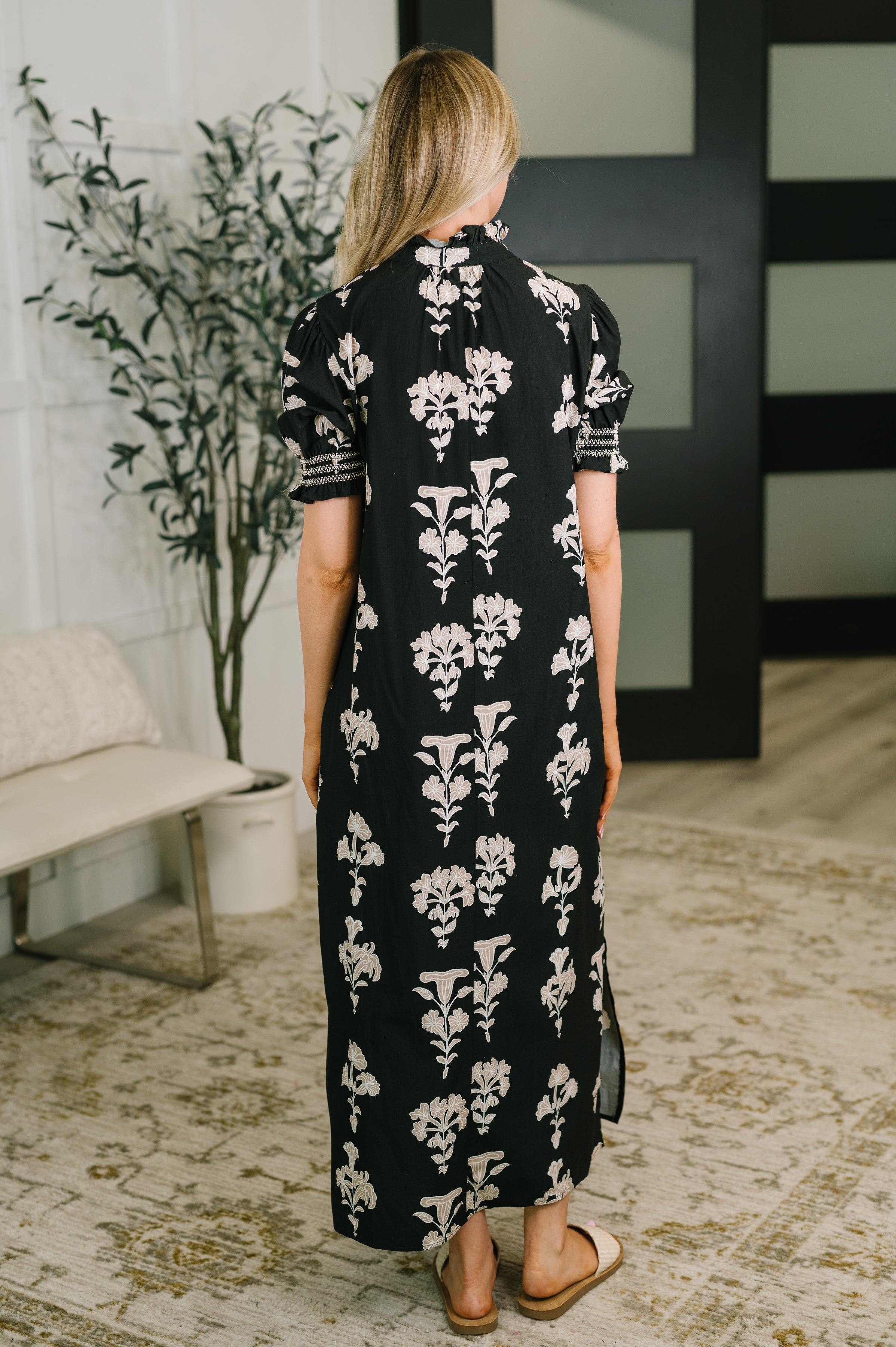 Dark & Moody Floral Smocked Sleeve Maxi Dress