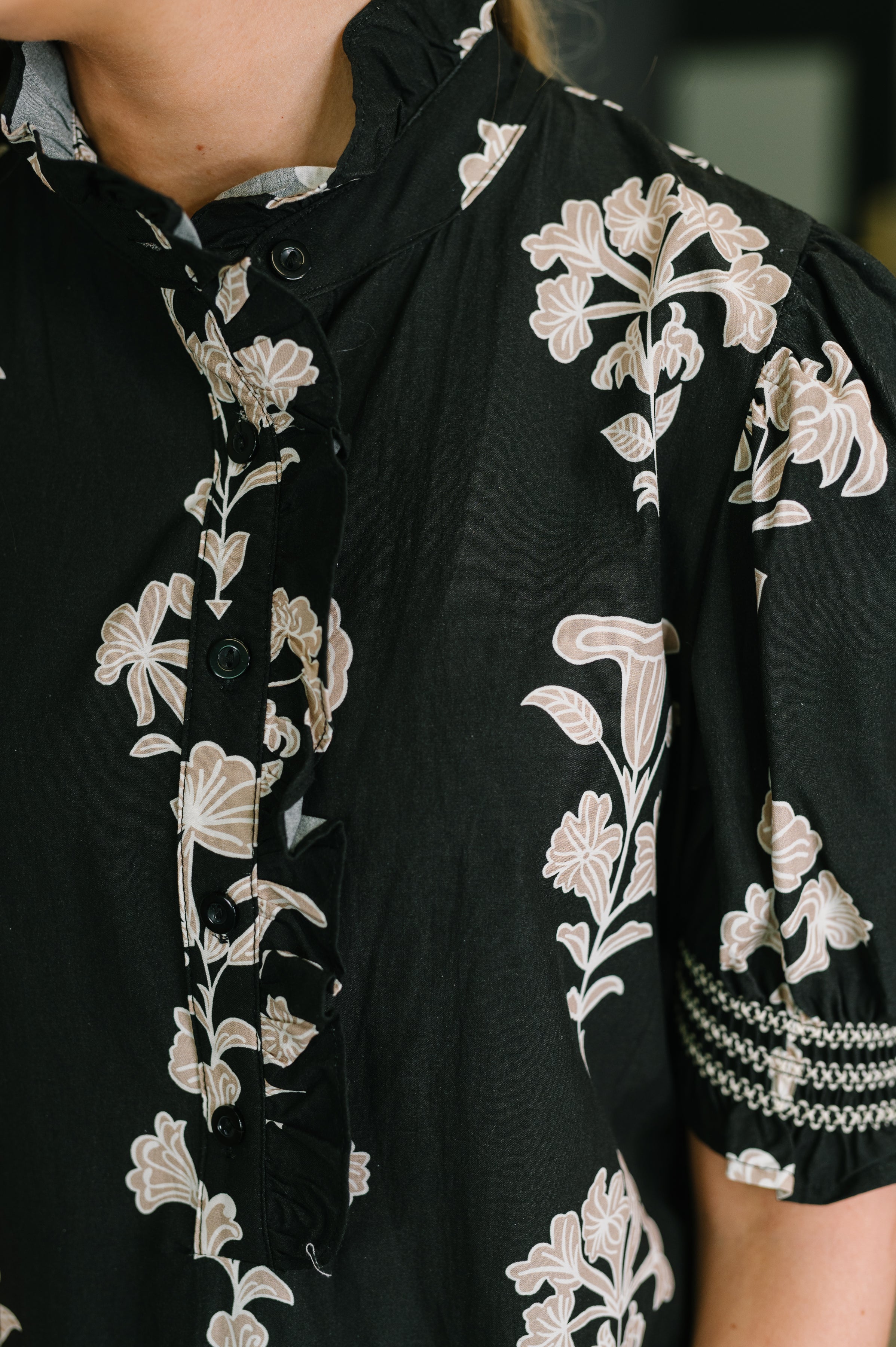 Dark & Moody Floral Smocked Sleeve Maxi Dress
