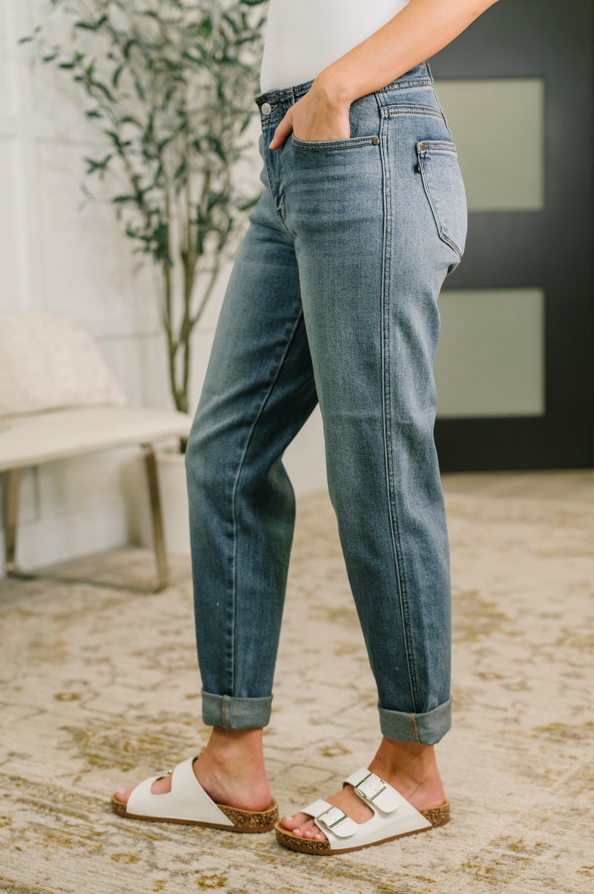 Judy Blue Mid Rise Boyfriend Jeans with Adjustable Back Tab 82731