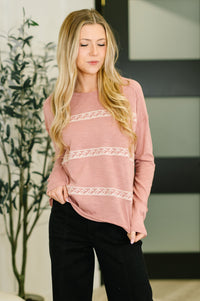 Embroidered Drop Shoulder Long Sleeve Top in Dusty Rose