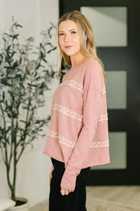 Embroidered Drop Shoulder Long Sleeve Top in Dusty Rose