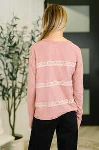 Embroidered Drop Shoulder Long Sleeve Top in Dusty Rose