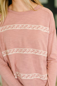 Embroidered Drop Shoulder Long Sleeve Top in Dusty Rose