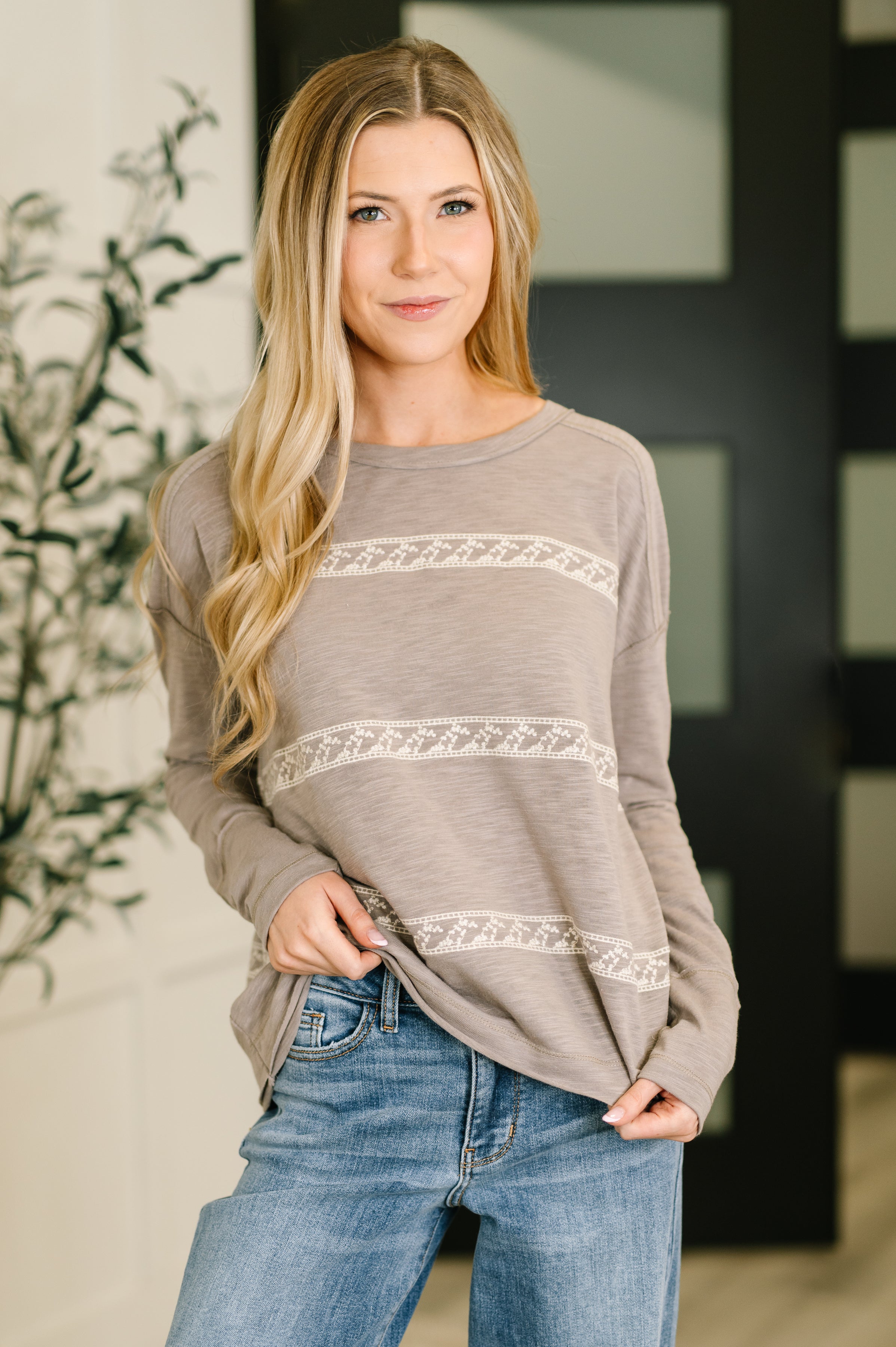 Embroidered Drop Shoulder Long Sleeve Top in Stone Taupe