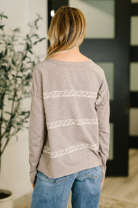 Embroidered Drop Shoulder Long Sleeve Top in Stone Taupe