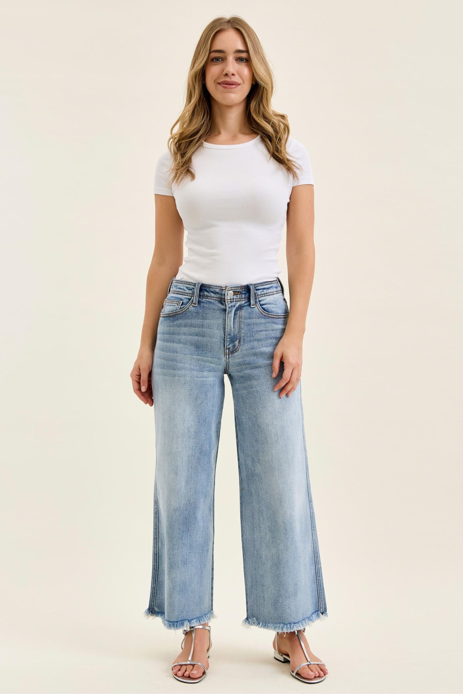 Judy Blue Mid Rise Ankle Wide Leg Fray Hem Jeans