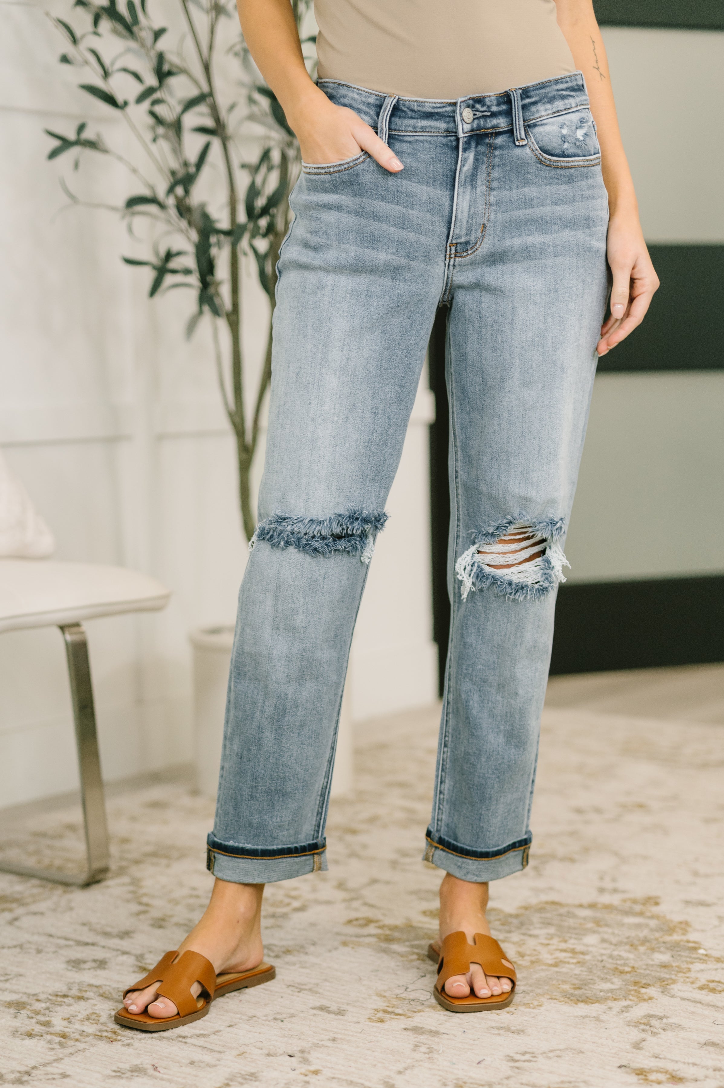 Judy Blue Mid Rise Distressed Cuffed Boyfriend Jeans