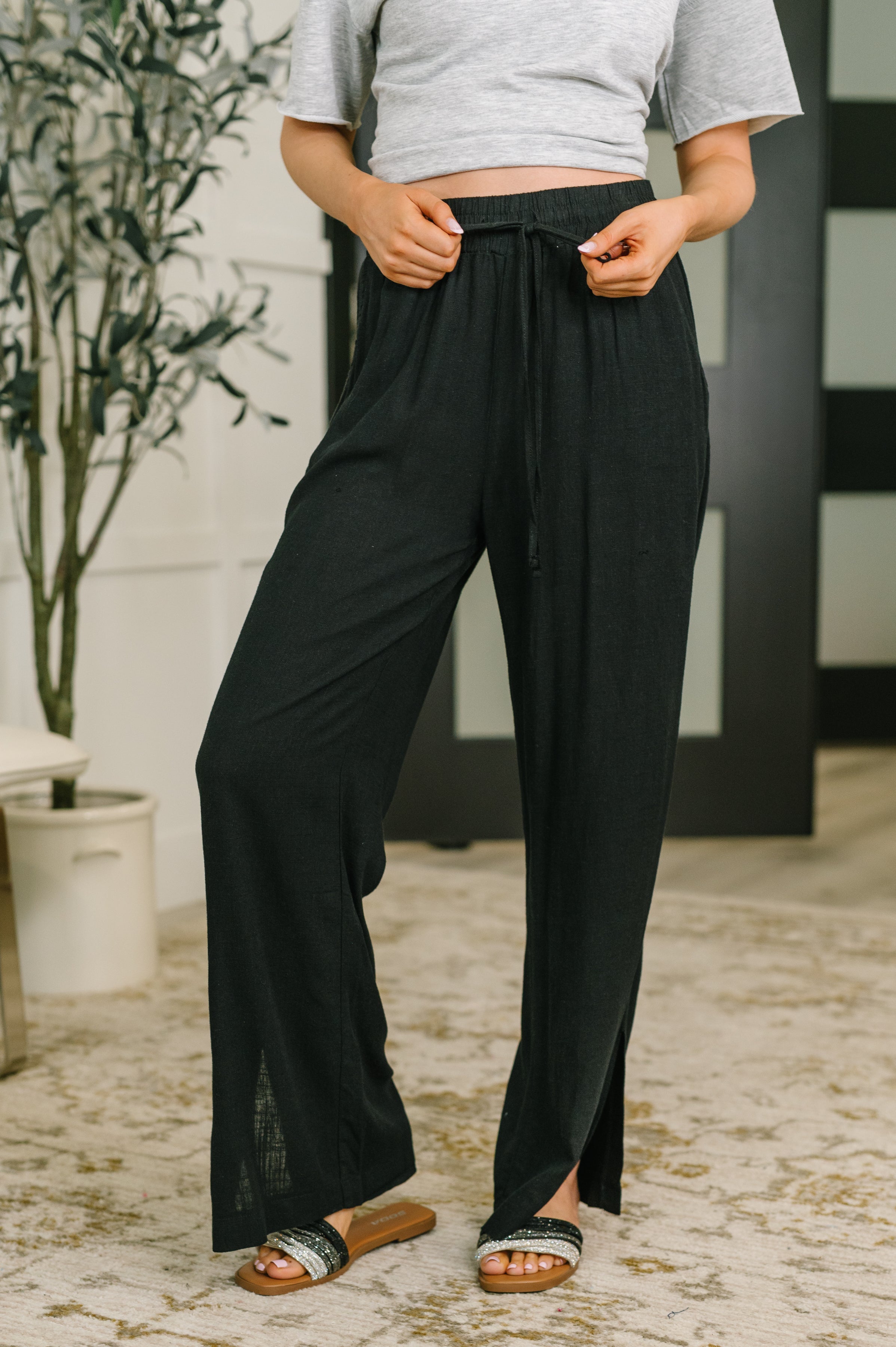 Zenana Linen Drawstring Pants in Black