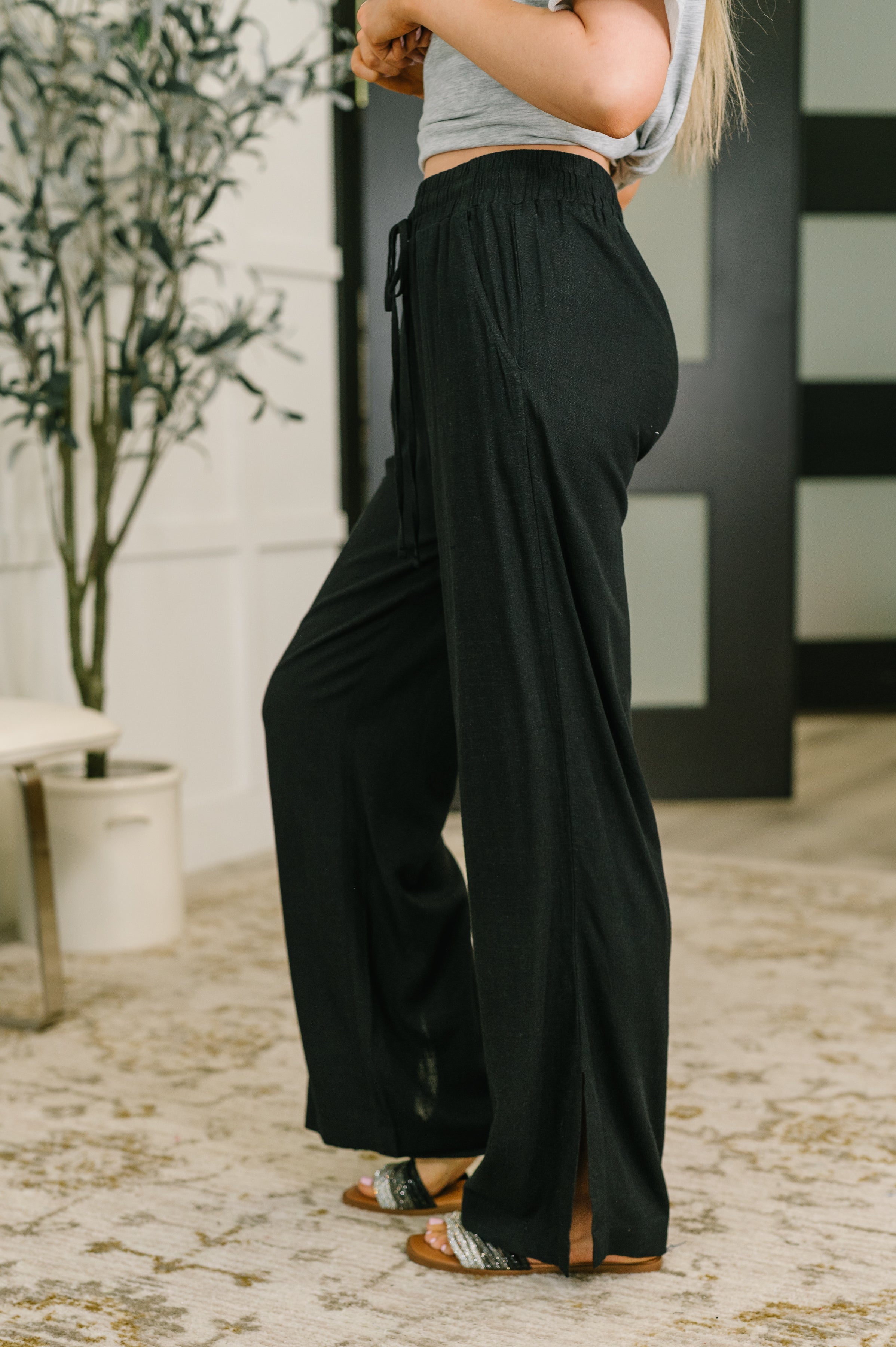Zenana Linen Drawstring Pants in Black