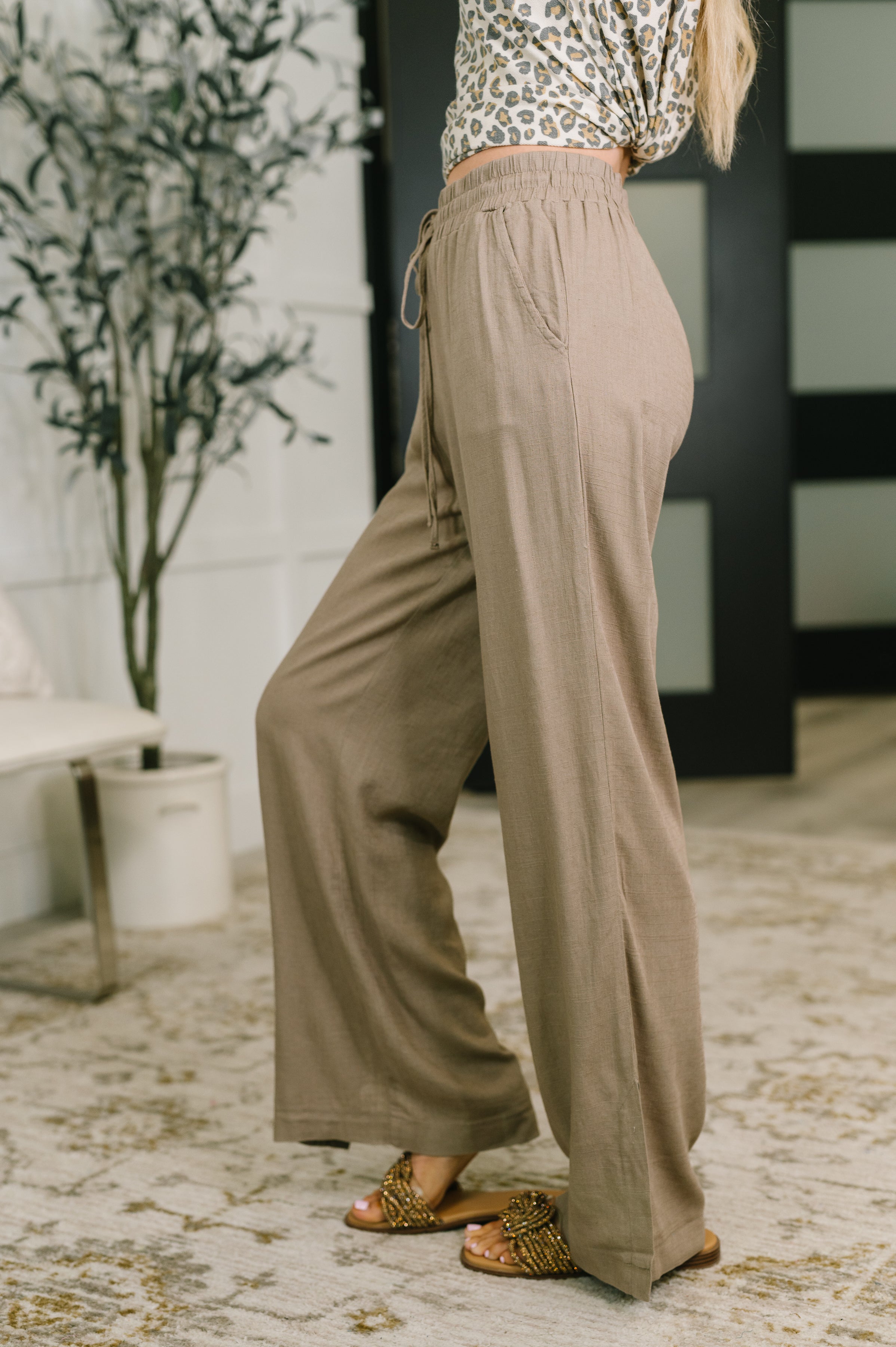Zenana Linen Drawstring Pants in Light Cocoa