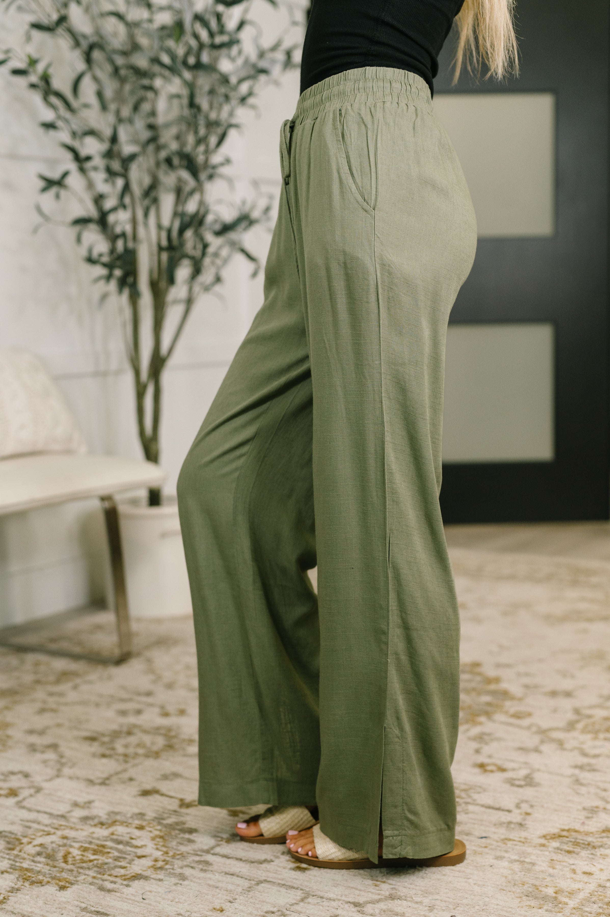Zenana Linen Drawstring Pants in Light Olive