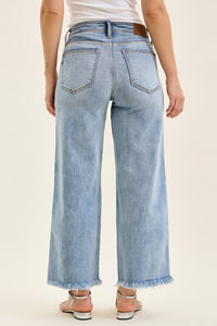 Judy Blue Mid Rise Ankle Wide Leg Fray Hem Jeans