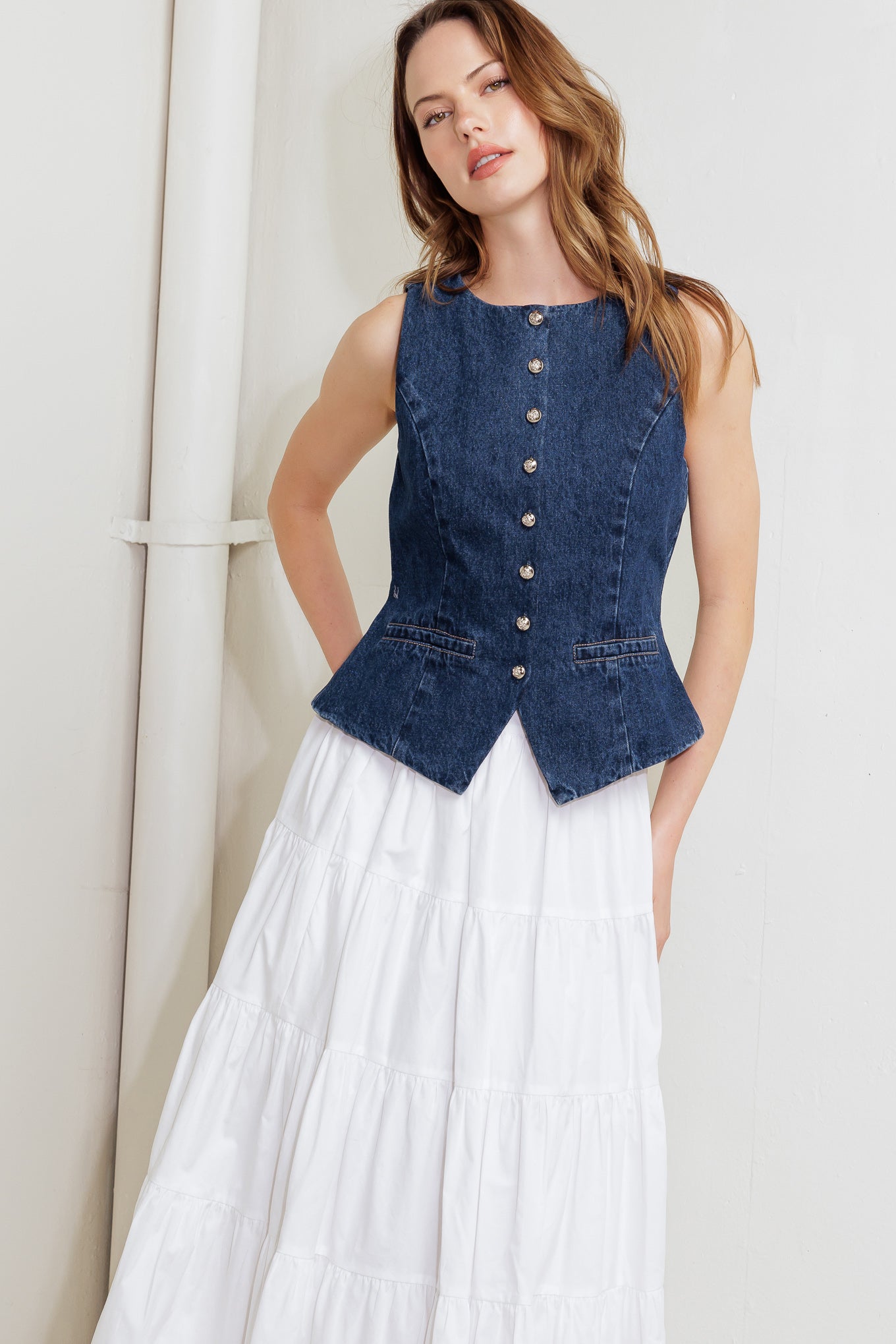 Flying Tomato Coffee Petal Dark Wash Denim Vest