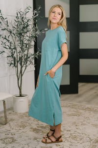 Short Sleeve Midi Dress with Pockets in Dusty Teal