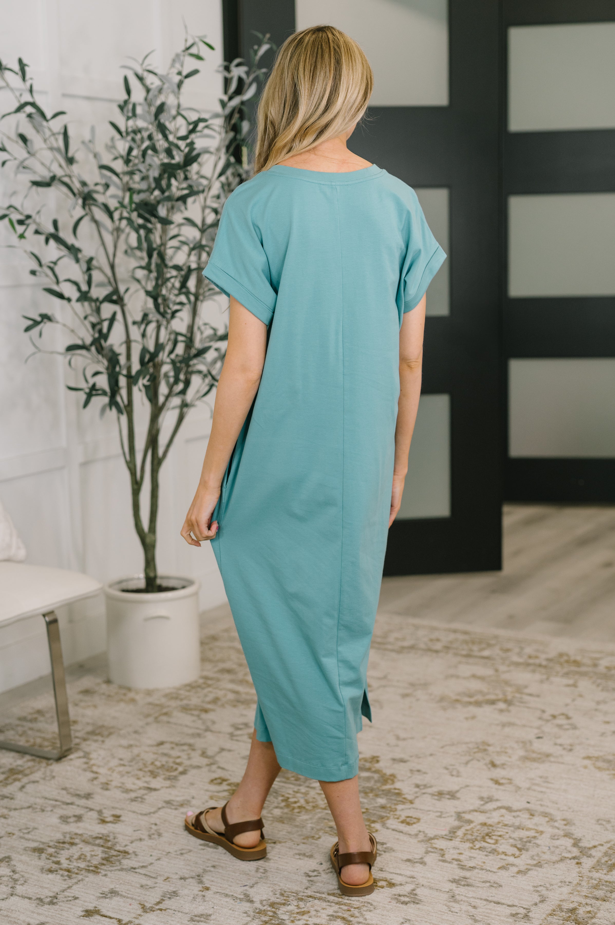 Short Sleeve Midi Dress with Pockets in Dusty Teal