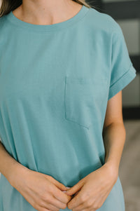 Short Sleeve Midi Dress with Pockets in Dusty Teal