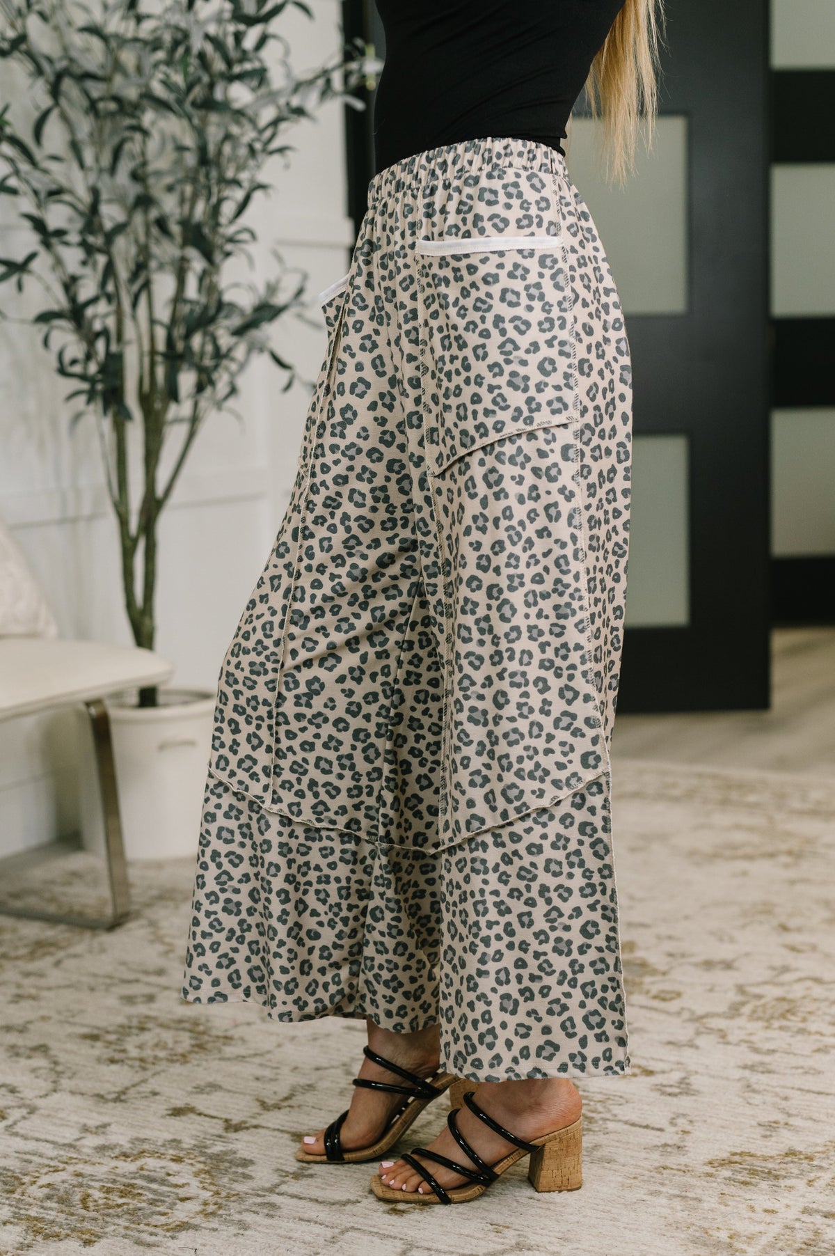 Wide Leg French Terry Leopard Print Pants