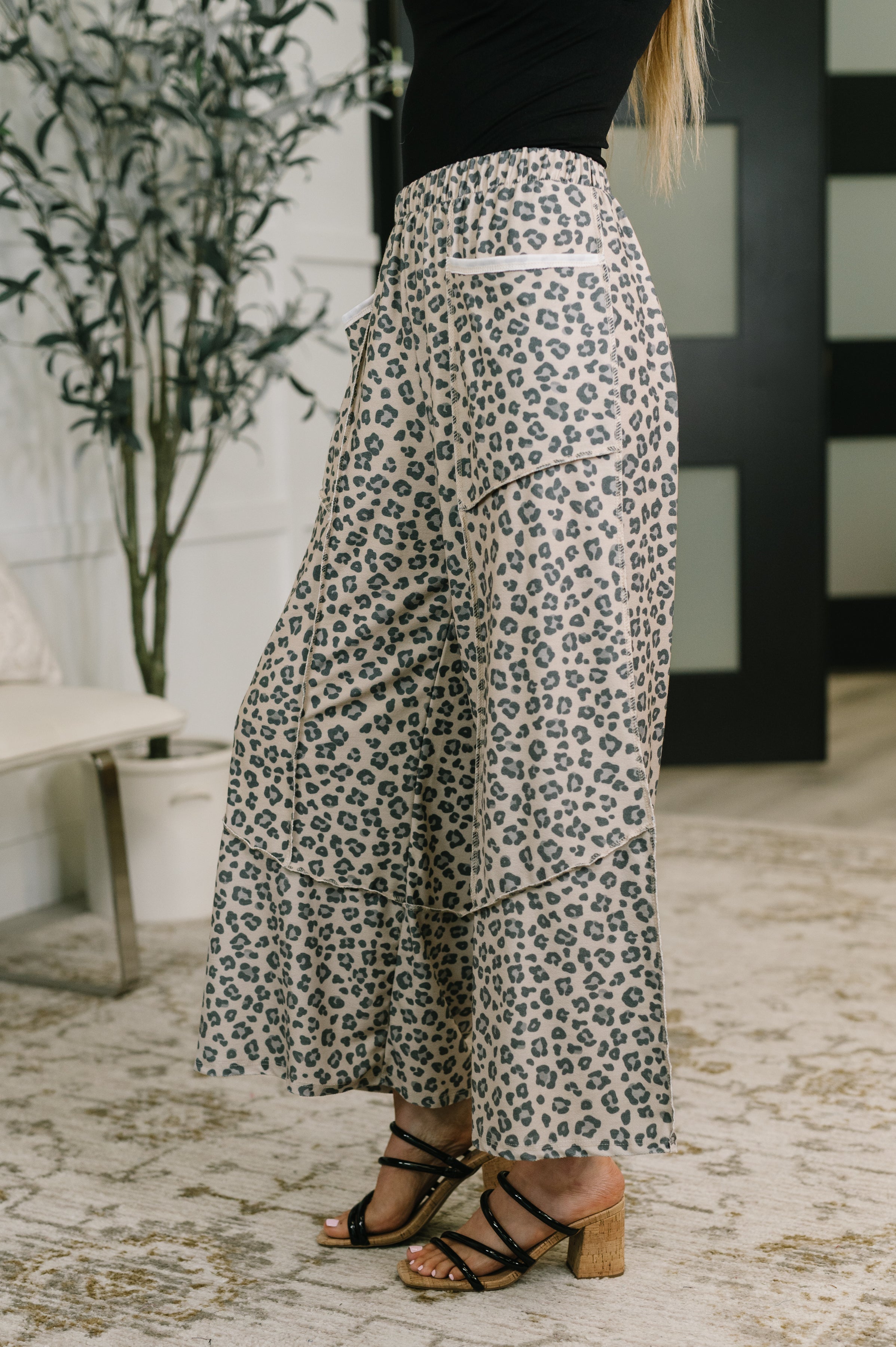 Wide Leg French Terry Leopard Print Pants