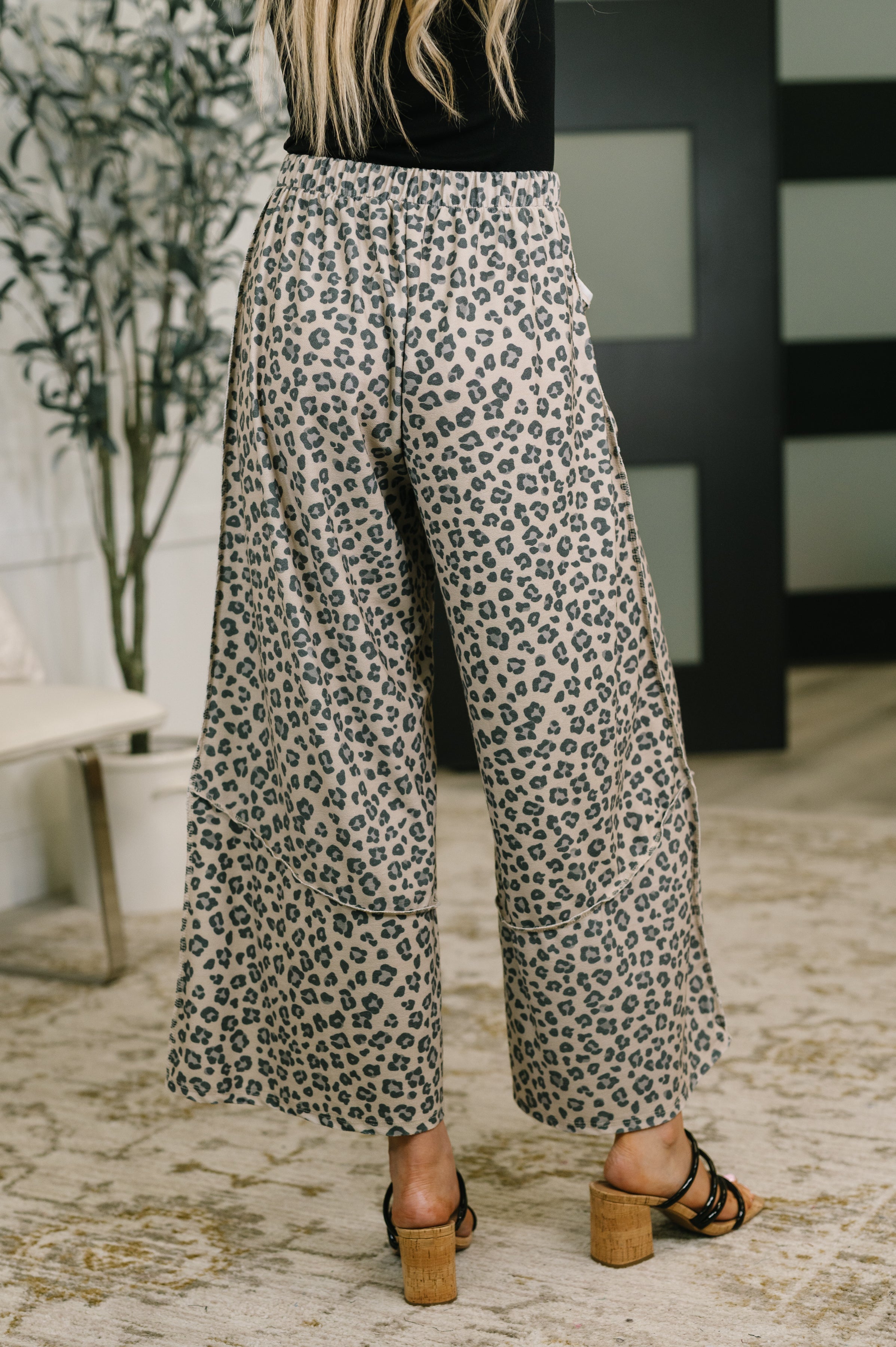Wide Leg French Terry Leopard Print Pants