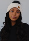 Ivory Cable Knit Fleece Lined Hat w/ Black Pom