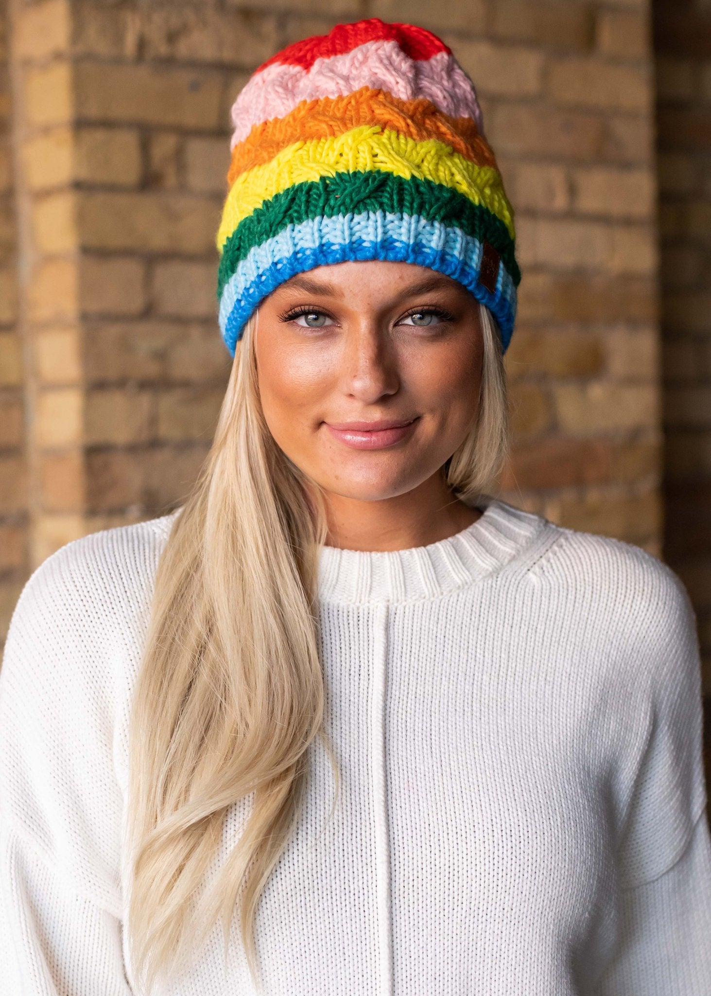 Rainbow w/ Pink Stripe Cable Knit Fleece Lined Beanie