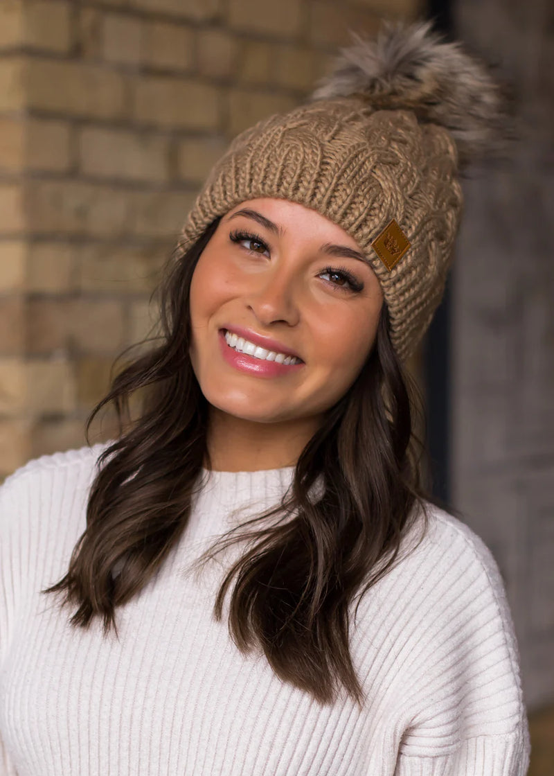 Tan Cable Knit Fleece Lined Hat