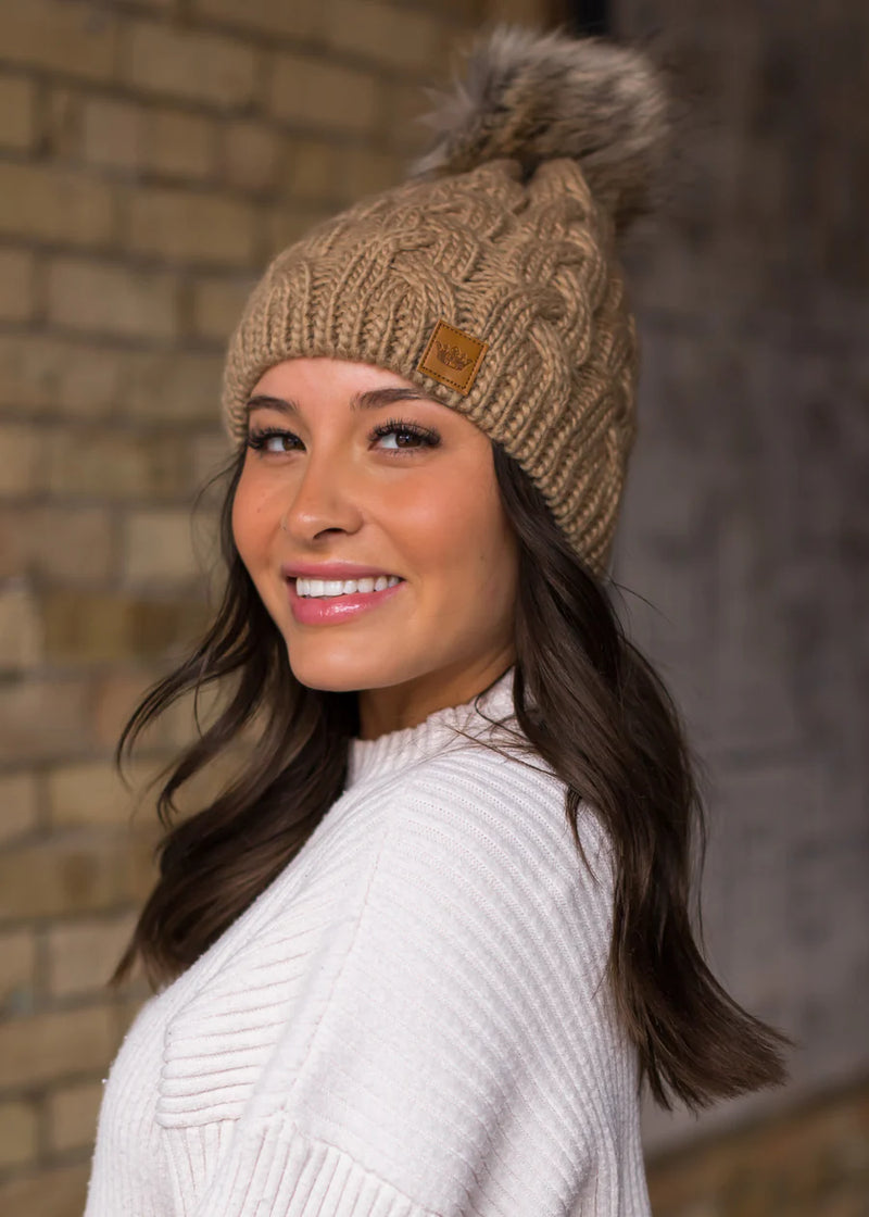 Tan Cable Knit Fleece Lined Hat