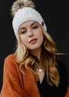 White Braided Cable Knit Fleece Lined Hat