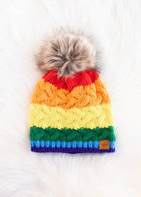 Classic Rainbow Stripe Cable Knit Fleece Lined Hat w/ Pom