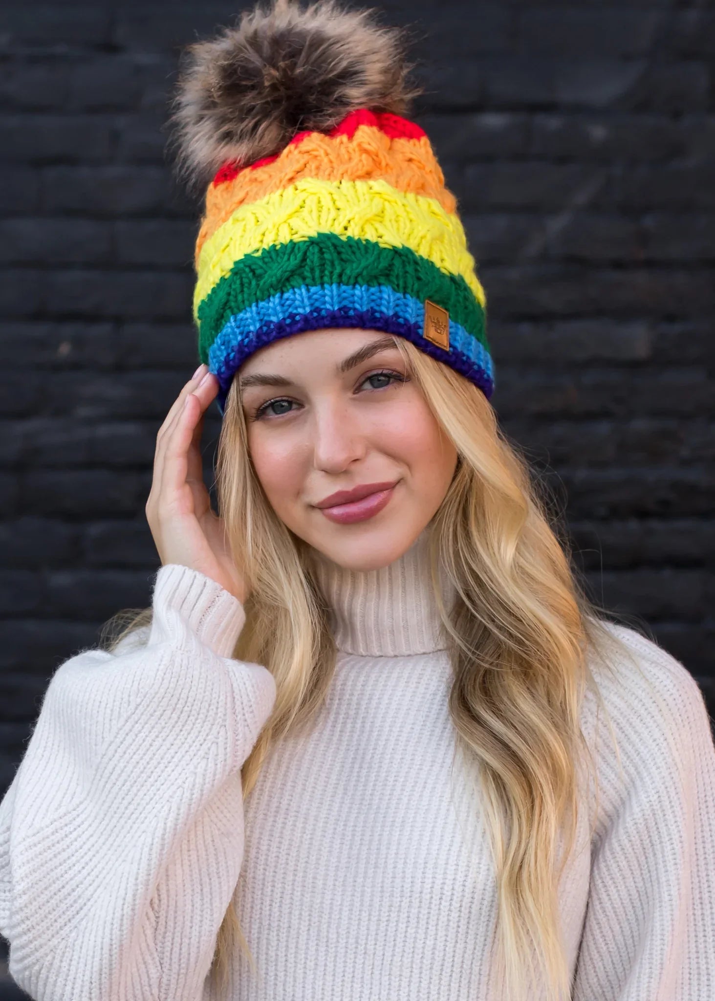 Classic Rainbow Stripe Cable Knit Fleece Lined Hat w/ Pom