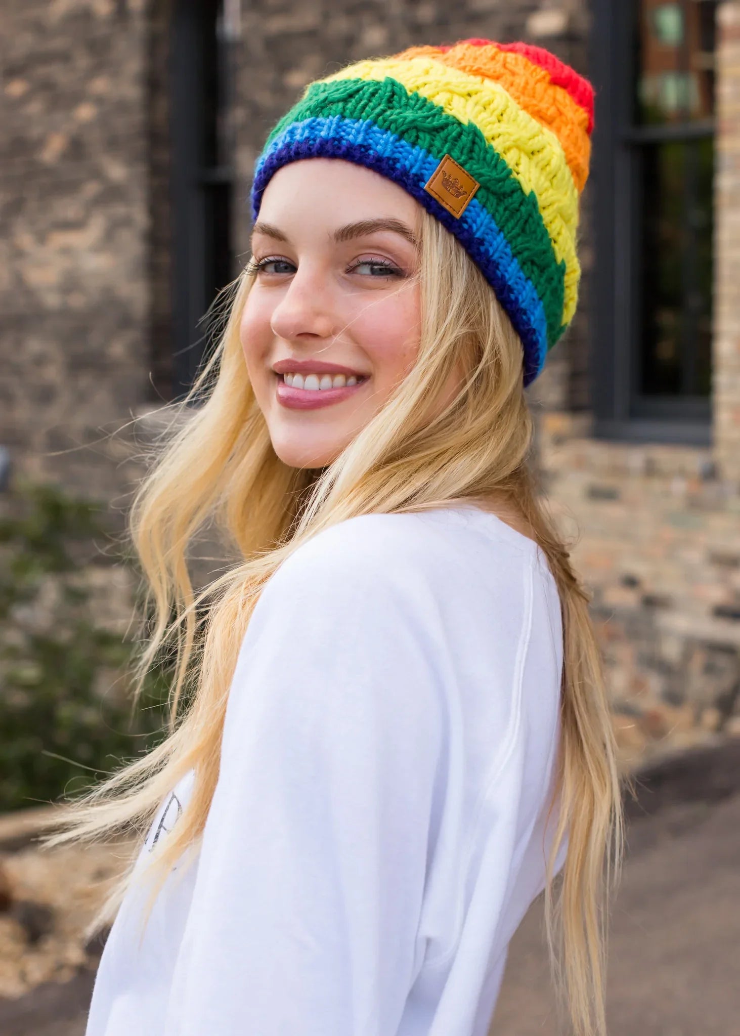 Classic Rainbow Stripe Cable Knit Fleece Lined Beanie